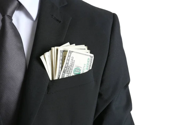 Businessman with dollar bills in pocket on white background, closeup — Stock Photo, Image