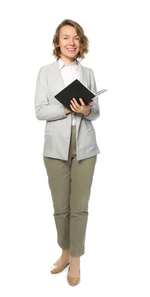 Gerente femenina con cuaderno sobre fondo blanco — Foto de Stock