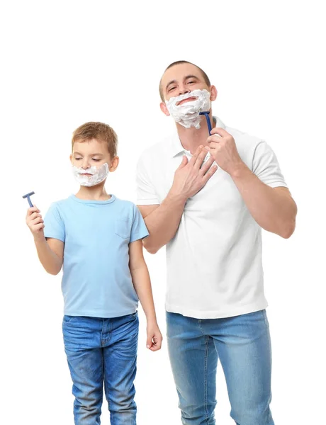 Dad and his son shaving on white background — Stock Photo, Image