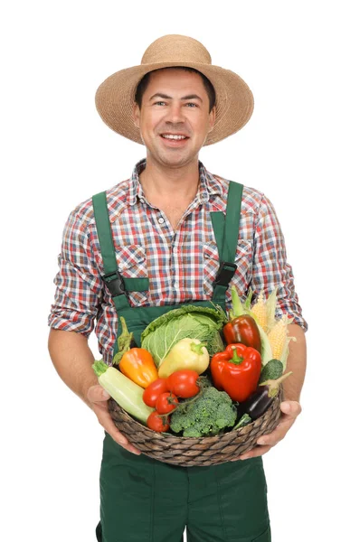 Агрономіст зі здоровими овочами на білому тлі — стокове фото