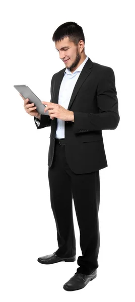 Gerenciador masculino com computador tablet em fundo branco — Fotografia de Stock