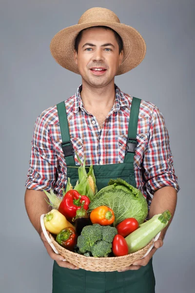 Agronom med grönsaker på grå bakgrund — Stockfoto