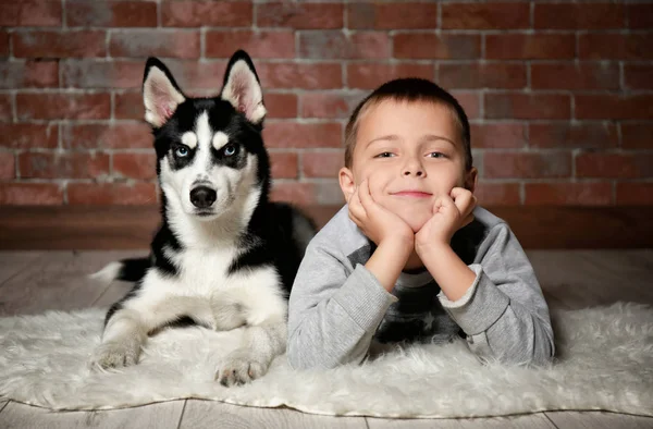 Cute husky puppy and little boy on floor at home — Stock Photo, Image