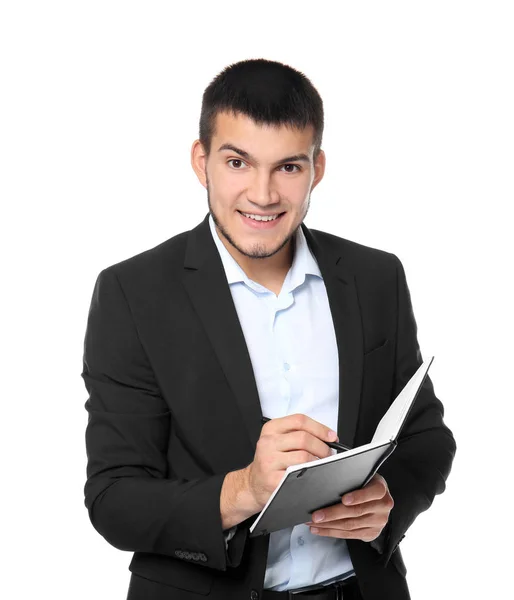Männlicher Manager mit Notizbuch auf weißem Hintergrund — Stockfoto