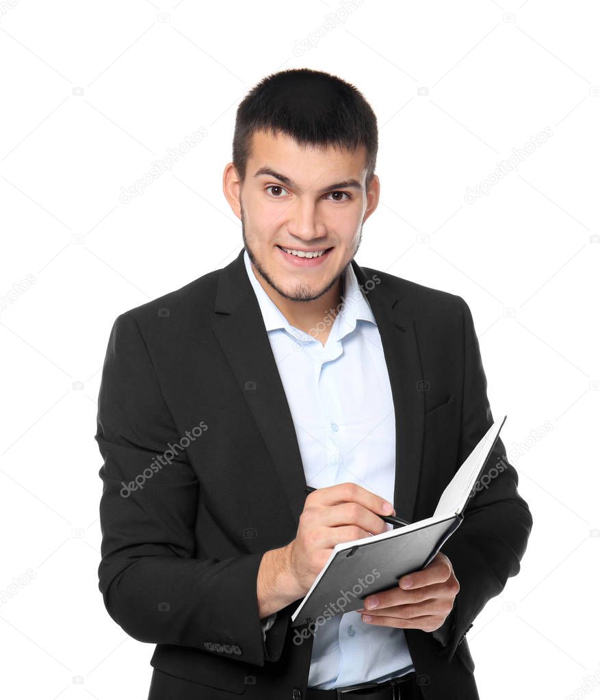 Male manager with notebook on white background