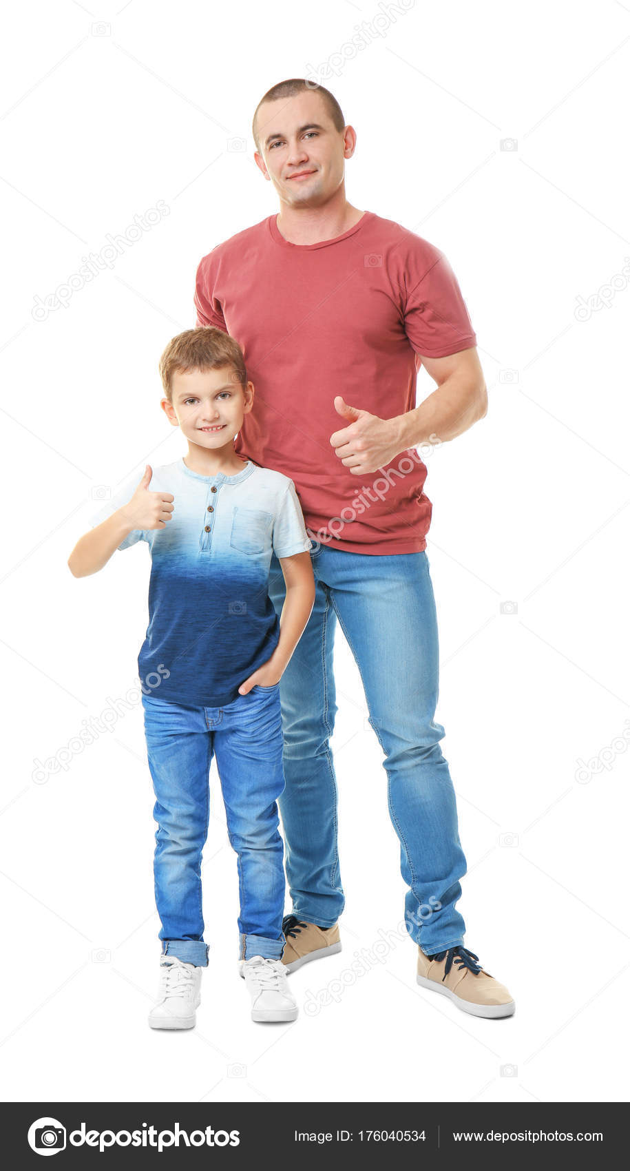 Dad And His Son Showing Thumbs Up Gesture On White Background