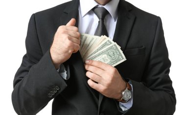 İşadamı dolarlarına beyaz arka planda, closeup ile