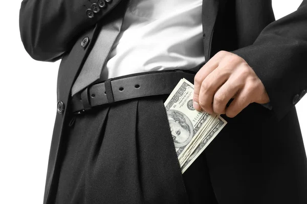 Businessman with dollar bills in pocket on white background, closeup — Stock Photo, Image