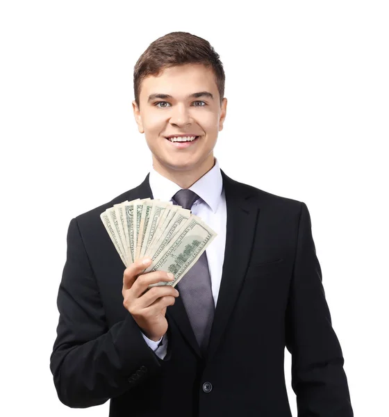 Hombre de negocios exitoso con billetes de dólar sobre fondo blanco —  Fotos de Stock