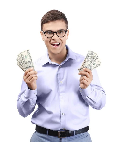Happy businessman with dollar bills on white background — Stock Photo, Image
