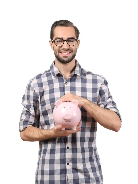 Homem feliz com banco porquinho — Fotografia de Stock