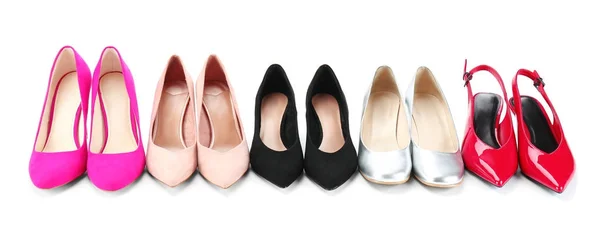 Different female shoes on white background — Stock Photo, Image