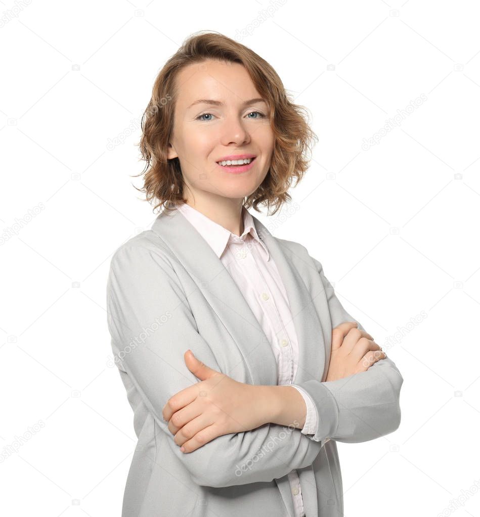 Female manager on white background