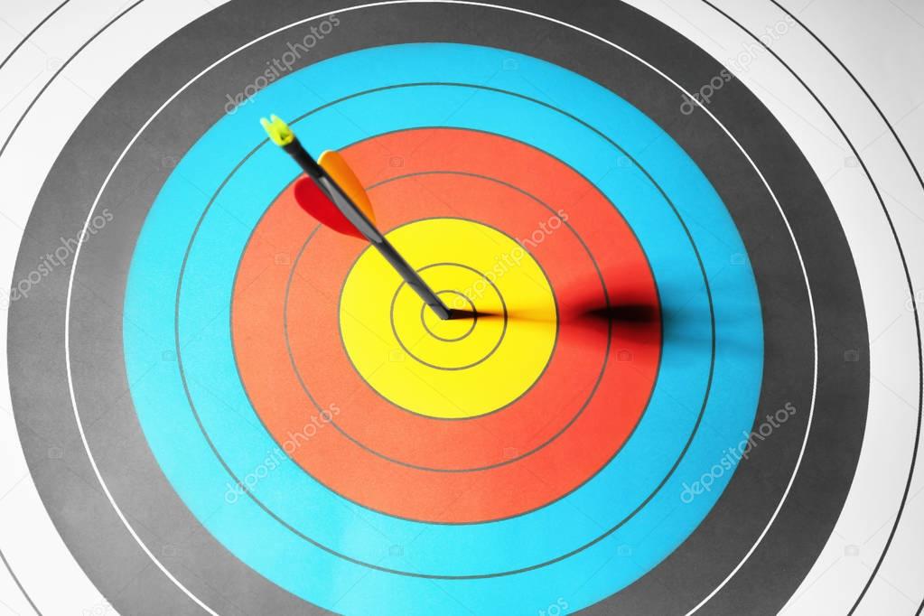 Arrow in the center of target for archery, closeup