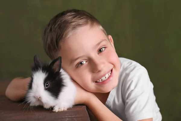 Söt pojke med roliga kanin på färgbakgrund — Stockfoto