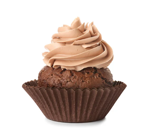 Delicioso cupcake de chocolate sobre fondo blanco — Foto de Stock