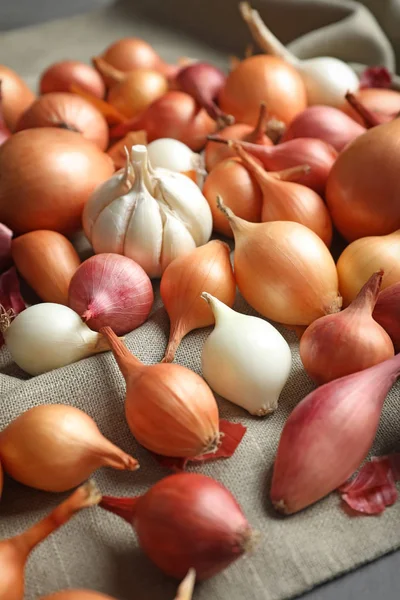 Variety of different onions on fabric — Stock Photo, Image