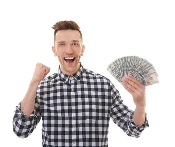 Beyaz arka plan üzerinde banknot ile mutlu genç adam
