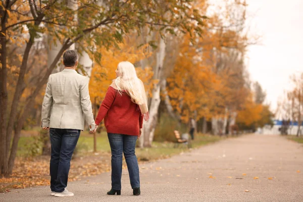 Pareja madura caminando en el parque en el día de otoño — Foto de Stock