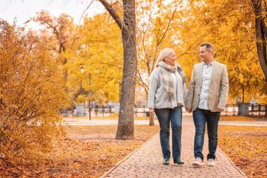 Çift sonbahar gününde Park'ta yürüyordunuz Olgun
