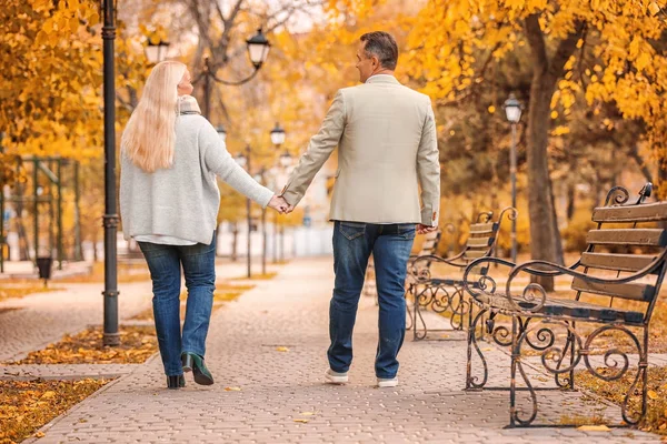 Couple d'âge mûr marchant dans le parc le jour d'automne — Photo