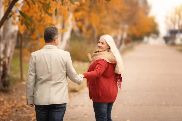 成熟夫妇在公园漫步在秋天的日子 — 图库照片