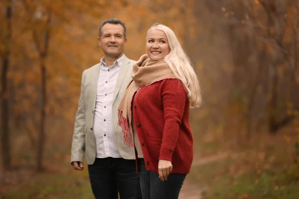 Älteres Paar spaziert an Herbsttag in Park — Stockfoto
