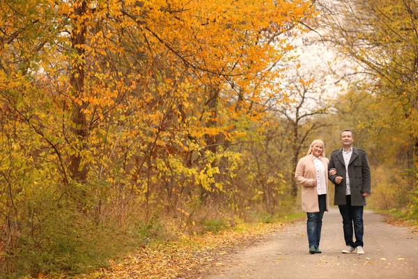 Couple d'âge mûr marchant dans le parc le jour d'automne — Photo