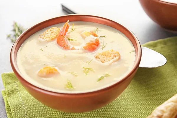 Bowl Yummy Shrimp Cream Soup Table — Stock Photo, Image