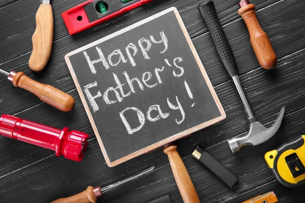 Chalk Board Text Happy Father Day Instruments Wooden Background — Stock Photo, Image