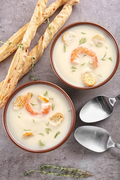 Bowls Yummy Shrimp Cream Soup Table — Stock Photo, Image