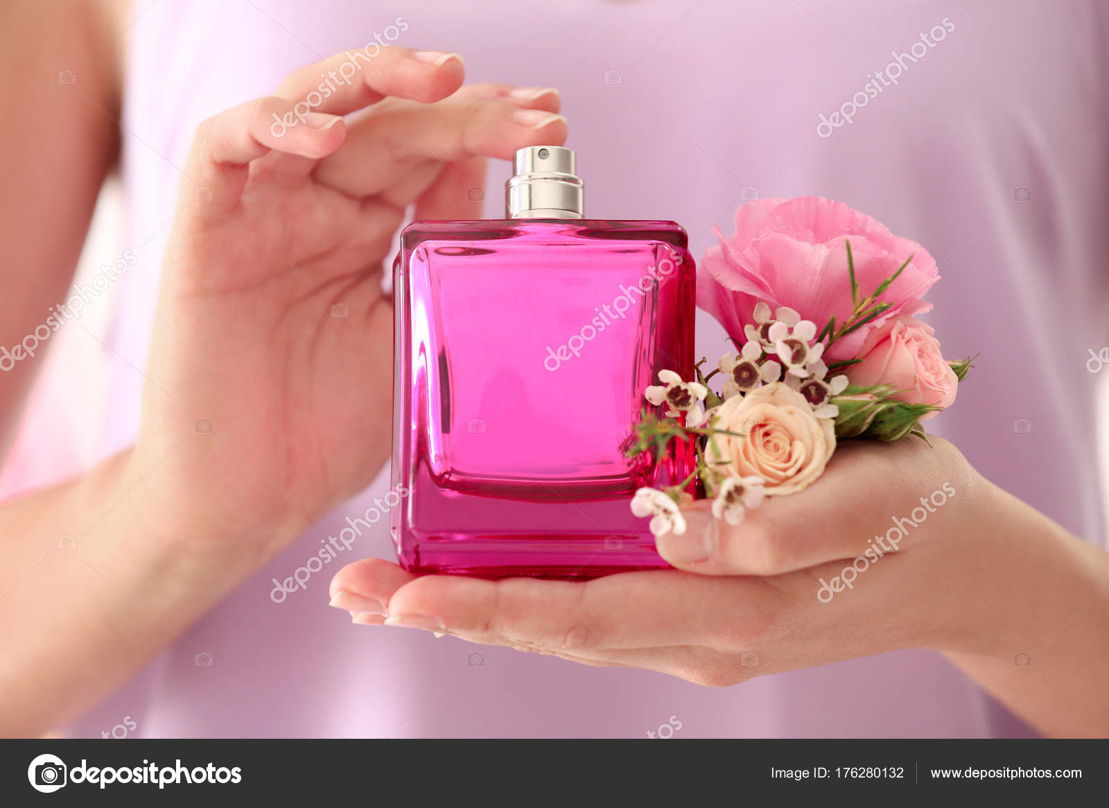 Beautiful young woman with bottle of floral perfume, closeup Stock Photo by ©belchonock 176280132 Beautiful young woman with bottle of floral perfume, closeup Stock Photo by ©belchonock 176280132
