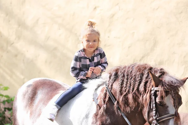 Bonito menina equitação cavalo na fazenda — Fotografia de Stock