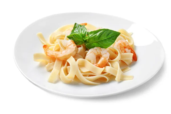 Plaat Van Smakelijke Pasta Met Garnalen Witte Achtergrond — Stockfoto