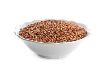 Beyaz arka plan üzerinde ham buğday ile plaka