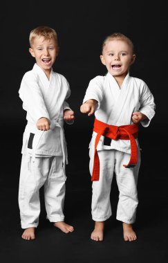 Little children practicing karate on dark background clipart