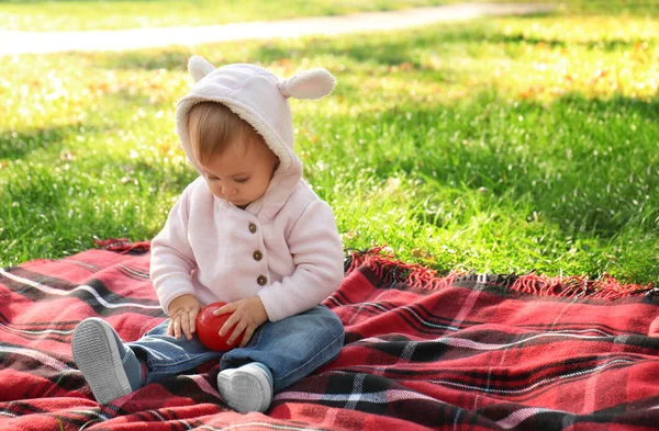 Adorable little girl playing on plaid in autumn park — Stock Photo, Image