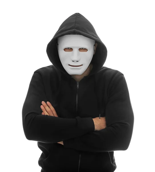Hacker em máscara no fundo branco — Fotografia de Stock