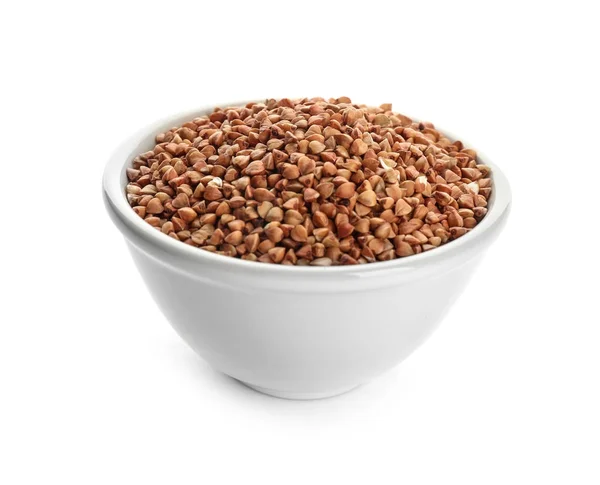 Bowl with raw buckwheat on white background — Stock Photo, Image