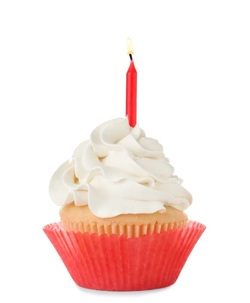 Sabroso cupcake con vela sobre fondo blanco — Foto de Stock
