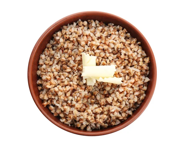 Bowl with cooked buckwheat on white background — Stock Photo, Image