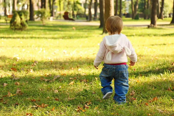 Schattig meisje, wandelen in de herfst park — Stockfoto