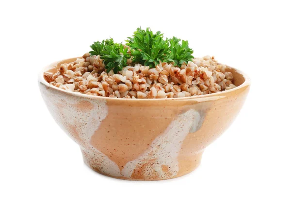 Bowl cu hrișcă gătită pe fundal alb — Fotografie, imagine de stoc