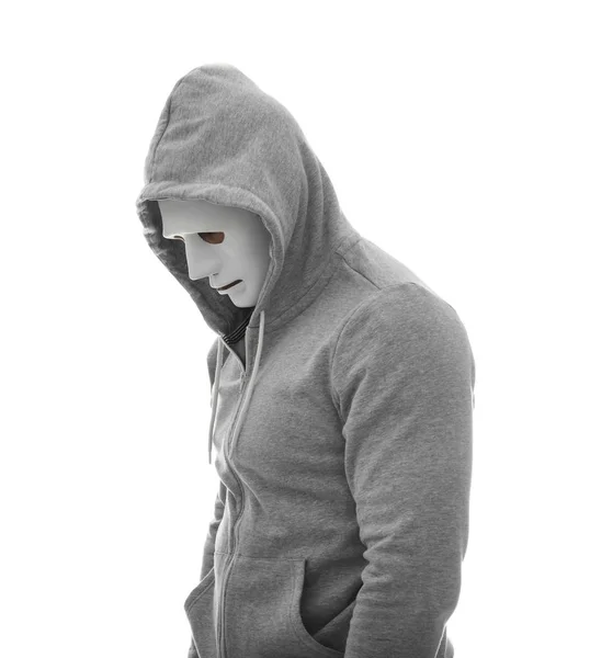 Хакер в маске на белом фоне — стоковое фото