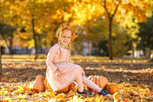 秋の公園で頭の花輪を着てかわいい女の子 — ストック写真