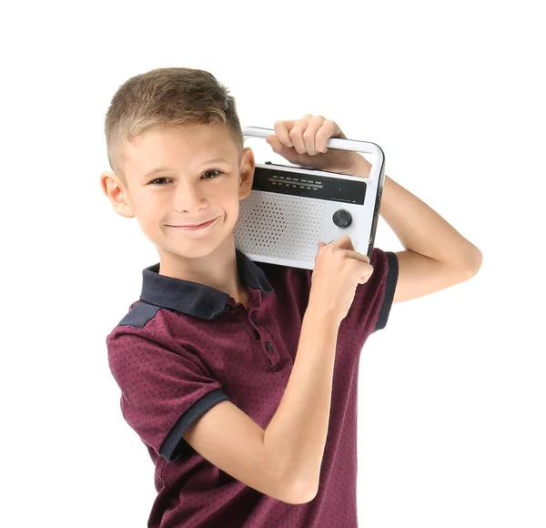 Schattig jongetje met radio op witte achtergrond — Stockfoto
