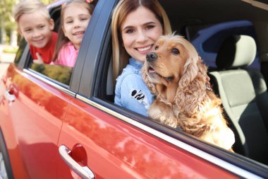 Çocuk ve köpek araba ile genç aile