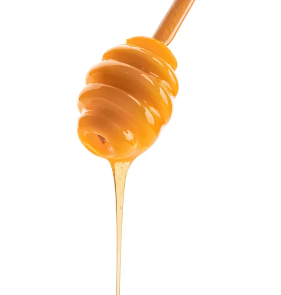 Μέλι Στάζει Από Dipper Λευκό Φόντο — Φωτογραφία Αρχείου