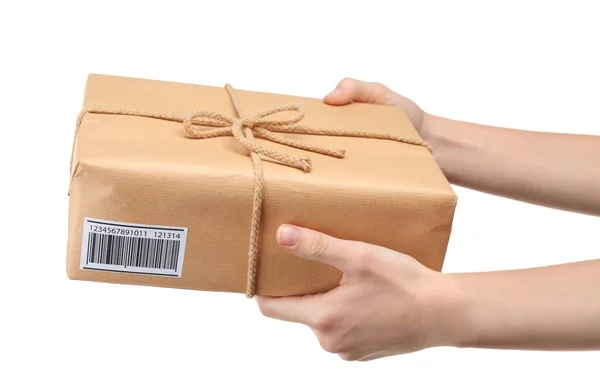 Frau hält Paket-Geschenkbox — Stockfoto