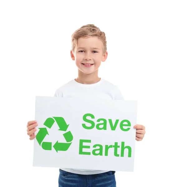 Menino segurando cartaz no fundo branco. Salvar conceito Terra — Fotografia de Stock